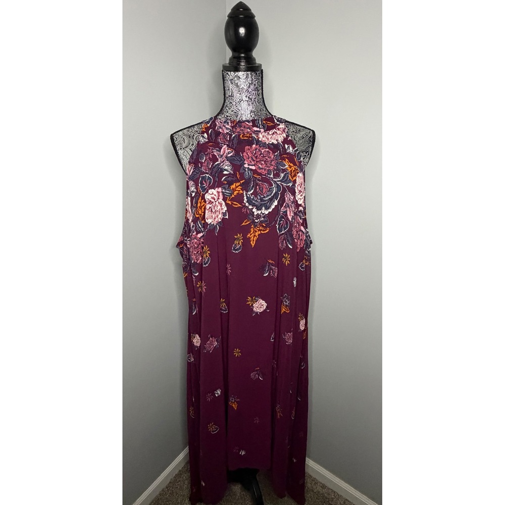 Xhilaration Burgundy Floral Halter High-Low Dress 2X Boho Chiffon Tie-Back